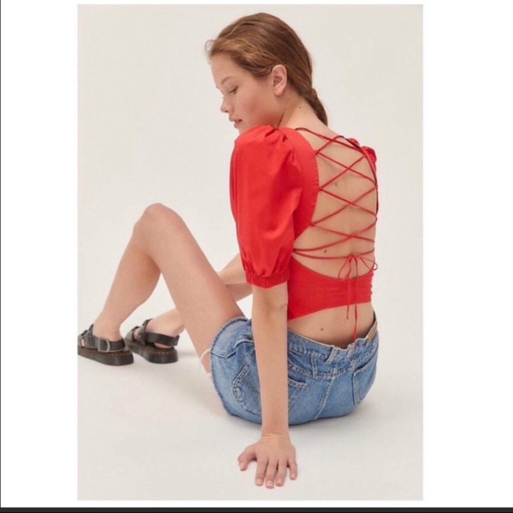 Urban Outfitters Red Puff Sleeve LaceUp Top